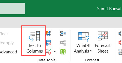 Vị trí nút Text to Columns trên thanh công cụ Data