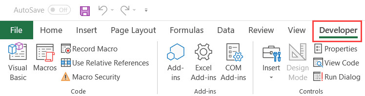 Vị trí tab Developer trên thanh công cụ Excel