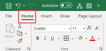 Vị trí tab Home trên thanh công cụ Excel