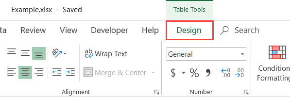 Vị trí thẻ Design trên thanh công cụ Excel khi chọn bảng