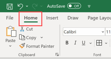Vị trí thẻ Home trên thanh công cụ Excel