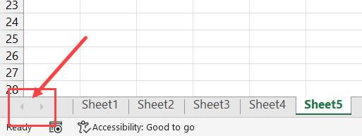 Vùng màu xám chứa các mũi tên điều hướng tab sheet