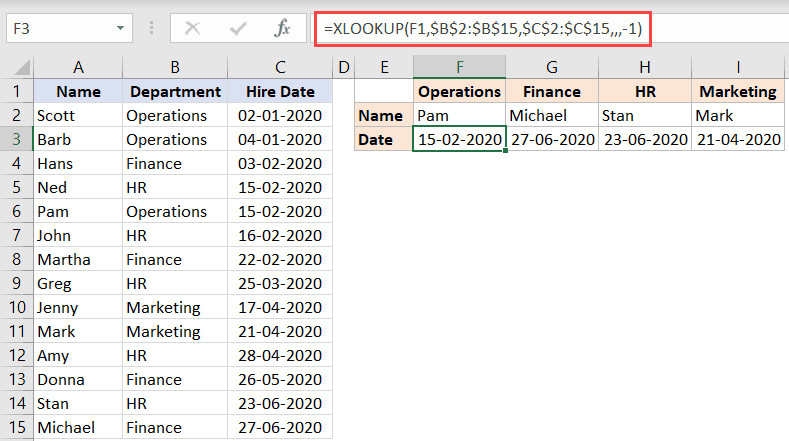 XLOOKUP tìm giá trị cuối cùng trong danh sách từ dưới lên