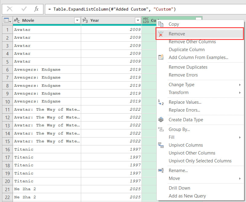 Xóa cột Custom không còn cần thiết