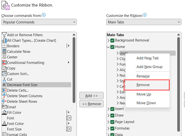 Xóa Group khỏi Ribbon