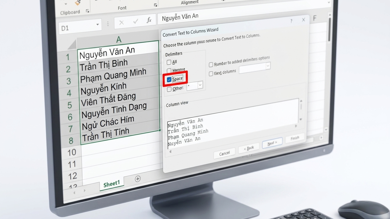 Công cụ Text to Columns chia cắt qua khoảng trắng